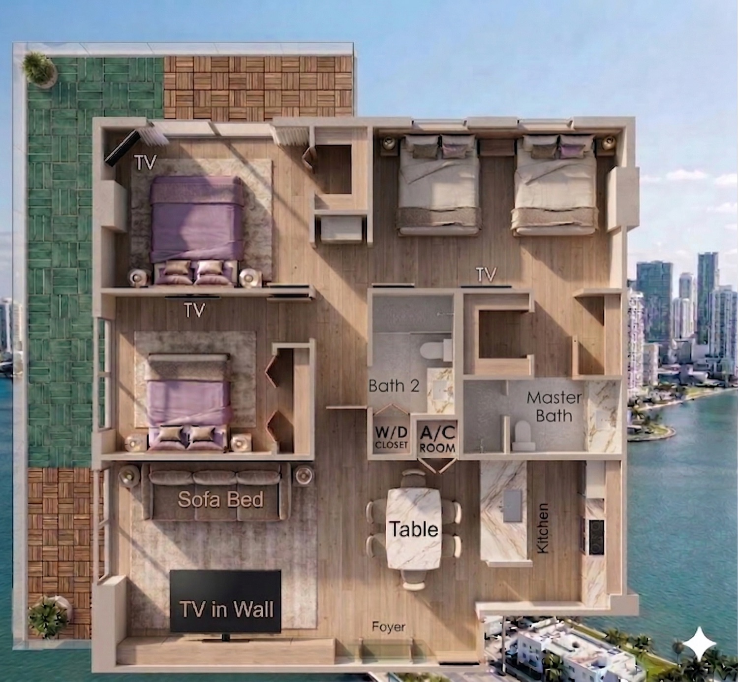 3D floor plan: three bedrooms, two baths, kitchen, dining and wraparound balcony